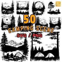 50 Camping Scene SVG PNG Bundle, Wilderness Outdoor SVG Cut Files, Mount... - $2.98