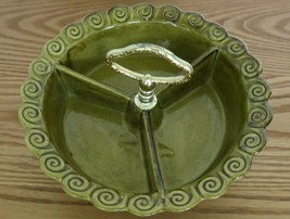 Vtg California pottery olive green swirl pattern condiment dish 3 compartment - $24.99