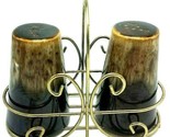 VIntage Midcentury Drip Glaze Pepper Shakers in Brass Caddy - £13.14 GBP