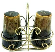 VIntage Midcentury Drip Glaze Pepper Shakers in Brass Caddy - £13.17 GBP