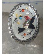 Bird ring southwest adj band abalone coral turquoise mop inlay size 9 st... - $1,602.17 MXN