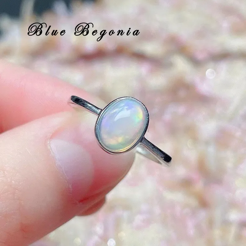 Natural Opal Ring 6*8MM Oval Colorful Gemstone Minimalist Fine Jewelry 925 Sterl - £28.08 GBP