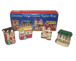 Vintage Christmas Village Napkin Ring Set 1993 WC Designs Ceramic Holiday Boxed - $11.87