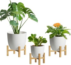 T4U 5 - 7 Inch Self Watering Planter With Bamboo Stands Set Of 3, Round Nursery - £33.15 GBP