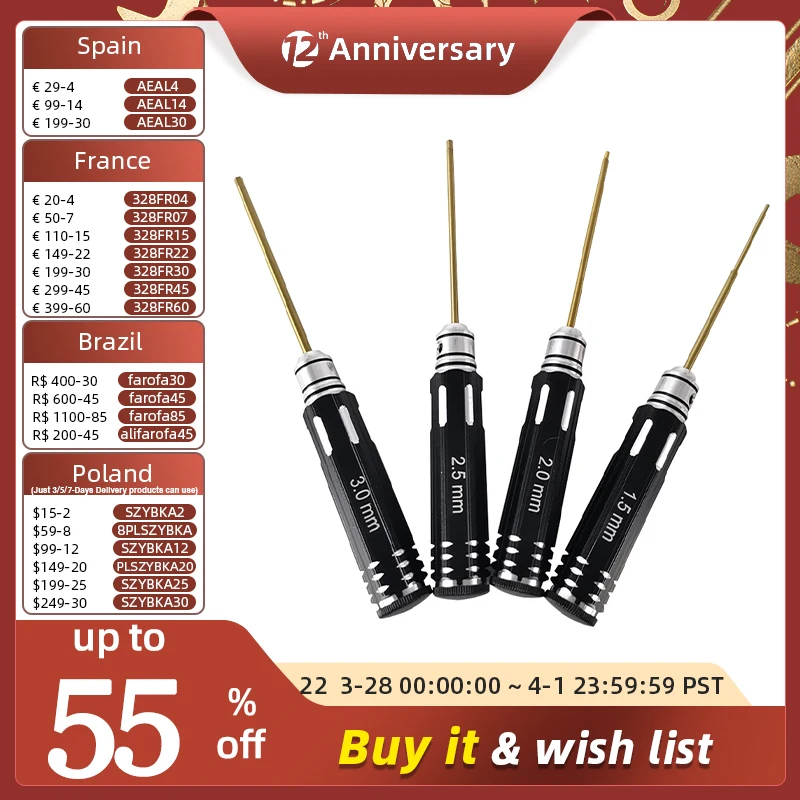 4 In 1 Screwdriver Hexagon Head 1.5 2.0 2.5 3.0mm HSS Titanium Coated Hex Screw  - £195.94 GBP