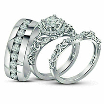  His/Her 1.50Ct Trio Bridal Band Engagement Ring Set 14K White Gold Over - £134.49 GBP