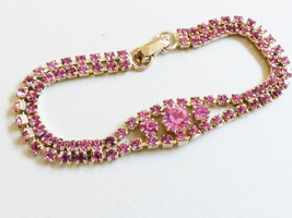 VTG Czech Pink crystal rhinestones gold wash bracelet 6.5&quot; - £50.84 GBP