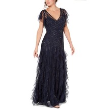 Adrianna Papell Women 6 Navy Blue Sequin Ruffle Long Gown Dress NWT DG49 - $161.69