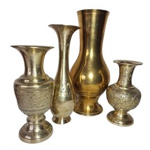 Vintage Solid Brass Lot Of 4 Vases Etched Decorative Graduated Size Floral India - £31.01 GBP