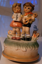 Vintage Music Box Little Boy and Girl Banjo Flowers Bird Singing Sanmyro... - $21.98
