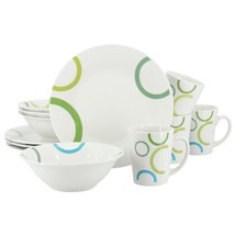 Gibson Home Green Loops 12 Piece Round Fine Ceramic Dinnerware Set in White - $65.99