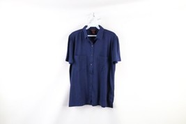 Vintage 70s Streetwear Womens Large Short Sleeve Collared Button Shirt Navy Blue - £35.00 GBP
