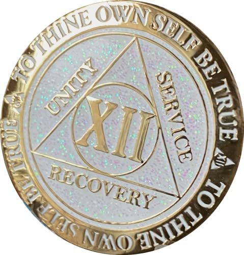 12 Year AA Medallion Reflex White Glitter Gold Plated Color Chip