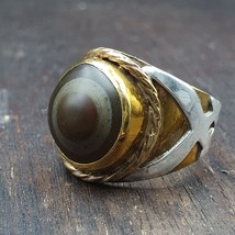 Antique Silver Inlay brass Ring With Tibetan Eye Agate Center Stone Gold Plated - £76.91 GBP