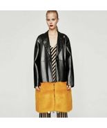 ZARA Black Leather Coat Faux Yellow Mustard Fur TRIM S NEW - $74.84