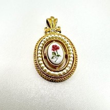 Vintage Avon Pink Rose Pendant For Necklace Faux Pearl Oval Gold Tone  - £18.62 GBP