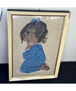 Vintage Framed Praying Child Needlepoint Art Girl in Blue Pajamas DAMAGE - $535.92 MXN
