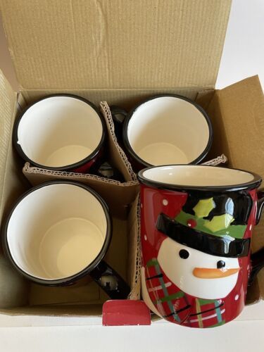 Primary image for Lot Of 4 Sue Zulauf Christmas Cutouts Holiday Mugs Snowman Set