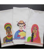 World Market Embroidered Three Tea Towel Set Ladies Africa Japan India - £23.45 GBP