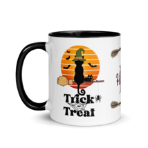 Personalized Coffee Mug 11oz | Trick or Treat Black Cat With Green Hat - £23.17 GBP