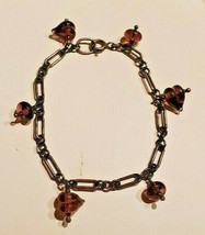 Vintage .925 Sterling Silver w/ Amethyst Glass Beaded Stone Charm Bracelet - £31.27 GBP