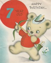 Vintage Birthday Card Bear Archery Bow and Arrow 7 Years Old Child 1940&#39;s - $8.90