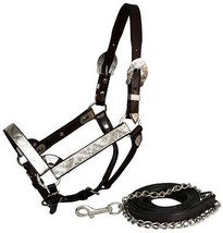 Leather + Silver Horse Show Halter w/ Matching Lead and Chain Dark Brown... - $49.90