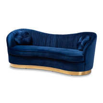 Royal Blue Velvet Fabric Upholstered Sofa Pleated Back Gold Base 2 Pillows - £1,199.00 GBP