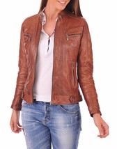 New Vintage Women Slim Fit Biker Motorcycle Soft Leather Zipper Jacket C... - $109.99