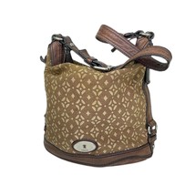 Fossil Large Maddox Brown Leather Printed Canvas Bucket Hobo Shoulder Ba... - $49.49