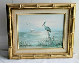 SIGNED OCEAN PELICANS SEASHORE OIL on CANVAS FRAMED ART - £47.44 GBP