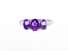 Amethyst Engagement Ring 3 Stone Amethyst Solitaire Ring Trellis Style Ring - £36.88 GBP