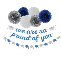 Navy-Blue White-Silver Party-Decoration Graduation Banner - 8Pcs Kits Cap Garlan - £22.13 GBP