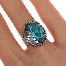 sz5 Vintage Native American silver and turquoise ring with stamped feather shank - £58.48 GBP