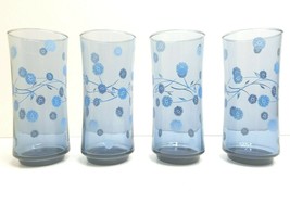 4 Libbey Blue Glass 6 1/2&quot; VTG Spring Flowers Cooler Retro Drink Decor Tumblers - £27.28 GBP