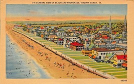 Virginia Beach Va~General View Beach &amp; PROMENADE~1946 Birds Eye View Postcard - £5.96 GBP
