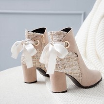 Cute Woman Ankle Boots Bowtie Ribbon women&#39;s Shoes Beige Wedding Booties Fashion - £61.75 GBP