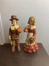 Vtg  Thanksgiving Pilgrim Couple Figure Hand Painted Wood Decor Harvest Pumpkin - £36.44 GBP