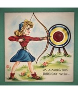 VINTAGE BLONDE GIRL CROSSBOW ARCHERY BULLEYE TARGET ARROW BDAY ART GREET... - $468.86 MXN