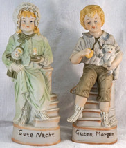 German Bisque Figurine Pair Boy with Dog Girl with Doll Gute Nacht Guten Morgen - £31.96 GBP
