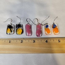 3 Pair Vintage Dichroic Glass Earrings Handcrafted Pink Orange Yellow Blue - £15.56 GBP