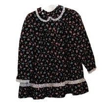 Vintage Girls 5 Black Ditsy Floral Dress Lace Trim Longsleeve Cottage Core - $28.94