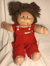 1984 Cabbage Patch Doll Brown Hair Eyes Red Overalls Original Clothing - $34.64