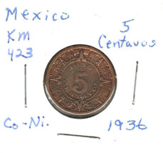 Mexico 5 Centavos, 1936, Copper-Nickel, KM 423 - £0.78 GBP