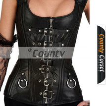 Overbust Strap Steel Boned Halter Fetish Buckle Bustier Black Leather Corset - £66.33 GBP