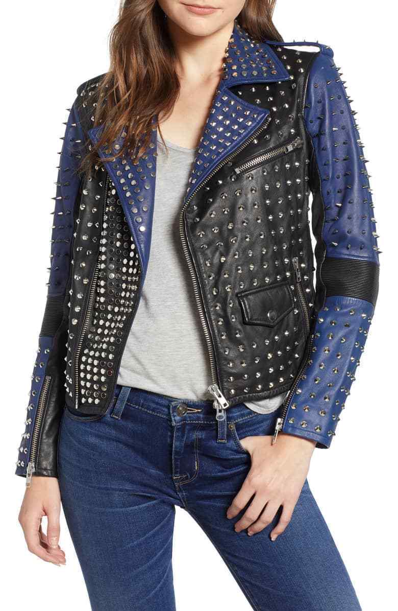 Women's Two Tone Blue Black Contrast Genuine Leather Silver Spike Studded Jacket