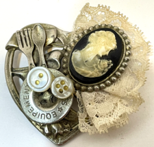Vintage Gold Tone Heart Shaped Brooch Pin Cameo Lace Buttons Spoon Fork Accents - £18.13 GBP