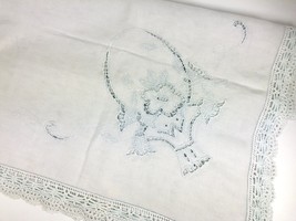 Vintage Open Cut Work Embroidered Linen Tablecloth Flower Baskets Square 52 x 52 - £19.73 GBP
