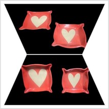 2-Trinket Red Dish White Heart Valentines Square Art Pottery Rings Tray Signed - £17.68 GBP