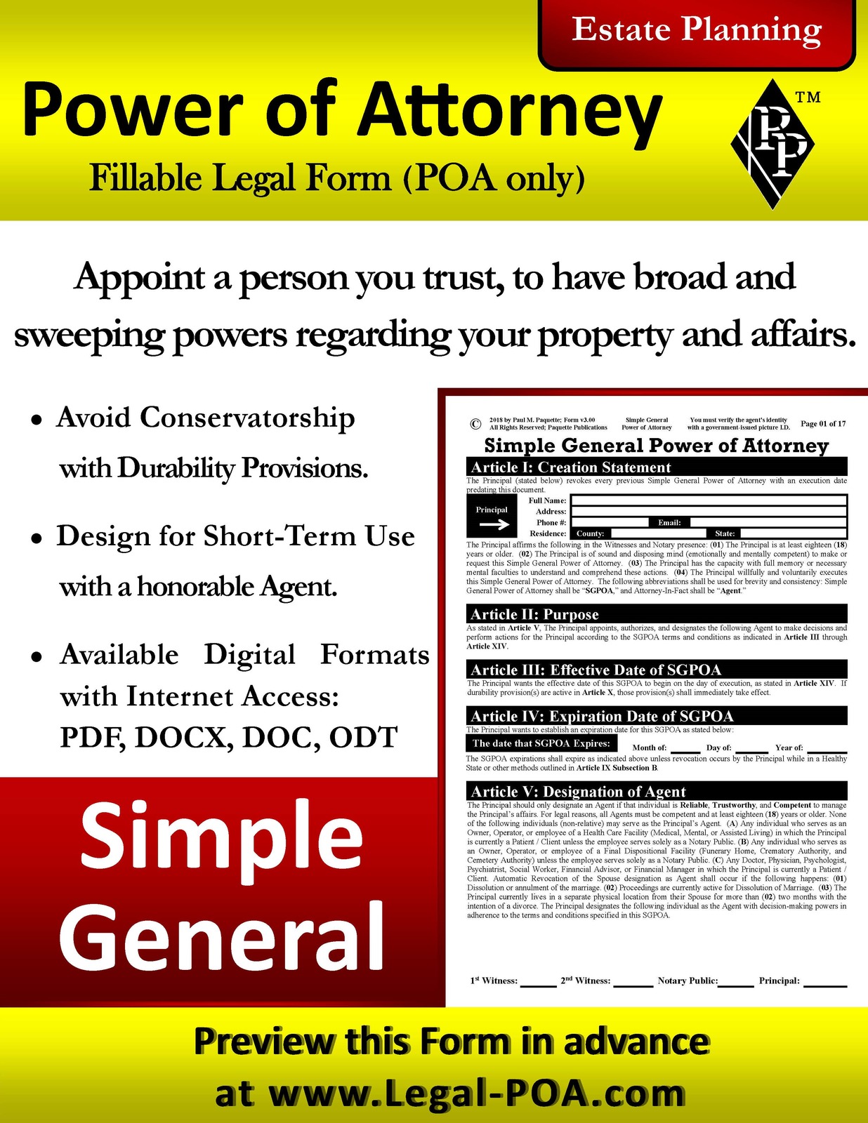 Simple General Power of Attorney - Form &amp; Instructions ( Legal Kit ) - $9.99